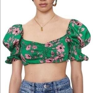 ZARA | Green Pink Floral Cropped Top Puff Sleeve Small